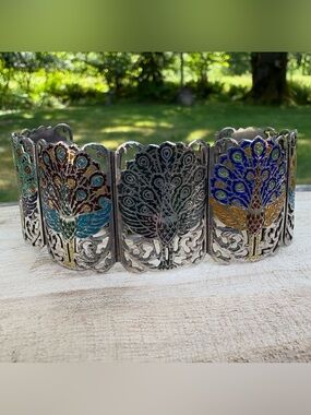Vintage Estate Siam Sterling Enamel Peacocks Panel Bracelet